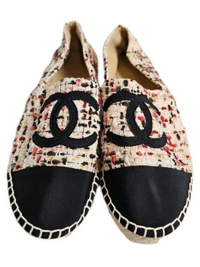 Chanel Espadrille Shoes Tweed White Black Logo & Toe Cap Multicolor EU Size 40
